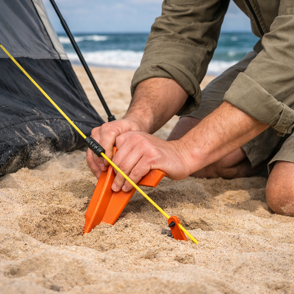 Camper using sand anchors and guy lines to secure beach tent against strong coastal wind