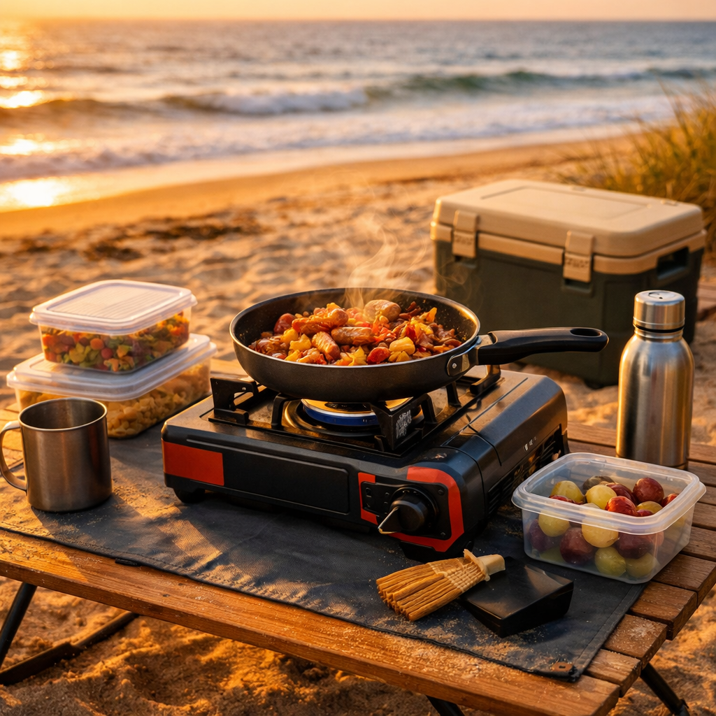 Beach camping cooking setup with portable camp stove, fresh fish on grill, and food containers on a camp table by the sea