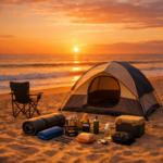 Beach camping for beginners — tent pitched on sandy beach at golden sunset with ocean waves in background