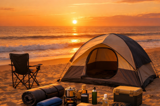 Beach camping for beginners — tent pitched on sandy beach at golden sunset with ocean waves in background