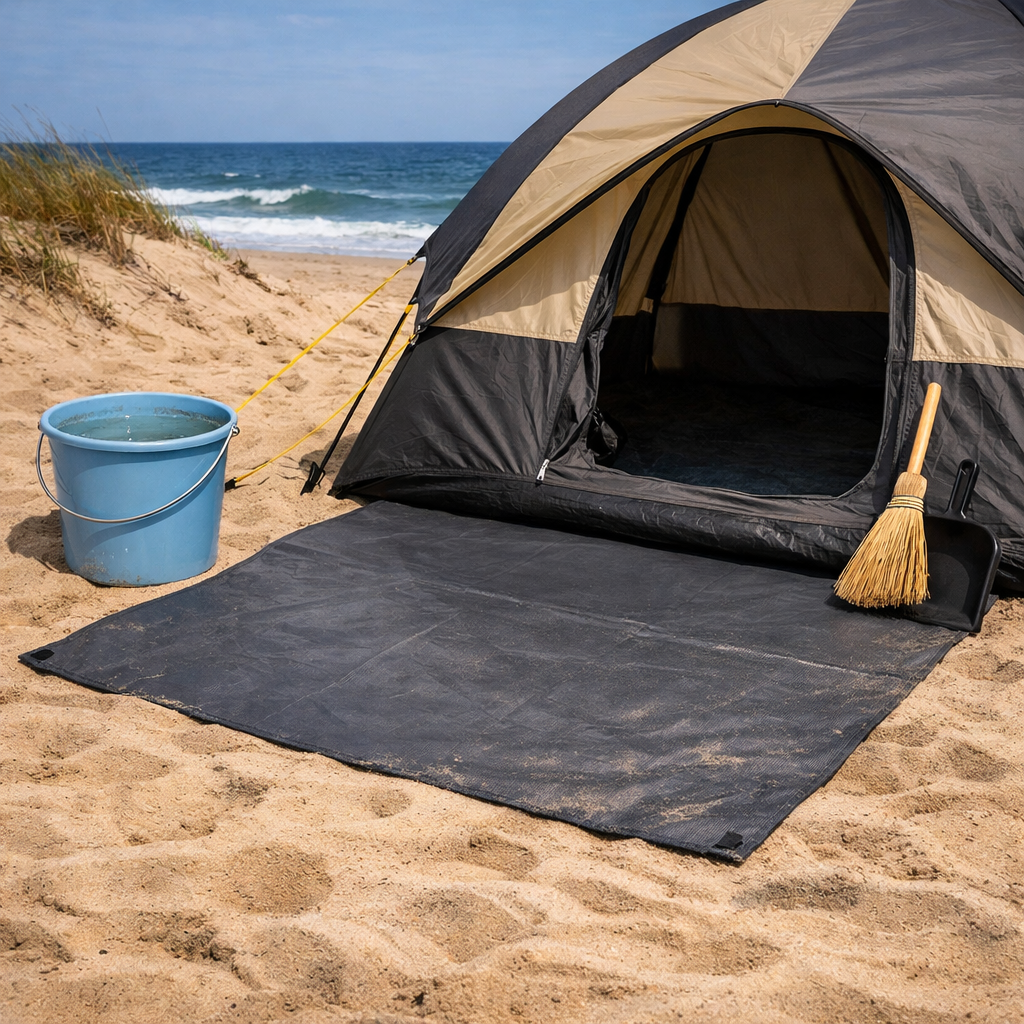 Beach camping sand management system — mat outside tent, bucket of water for feet, broom and dustpan for the campsite