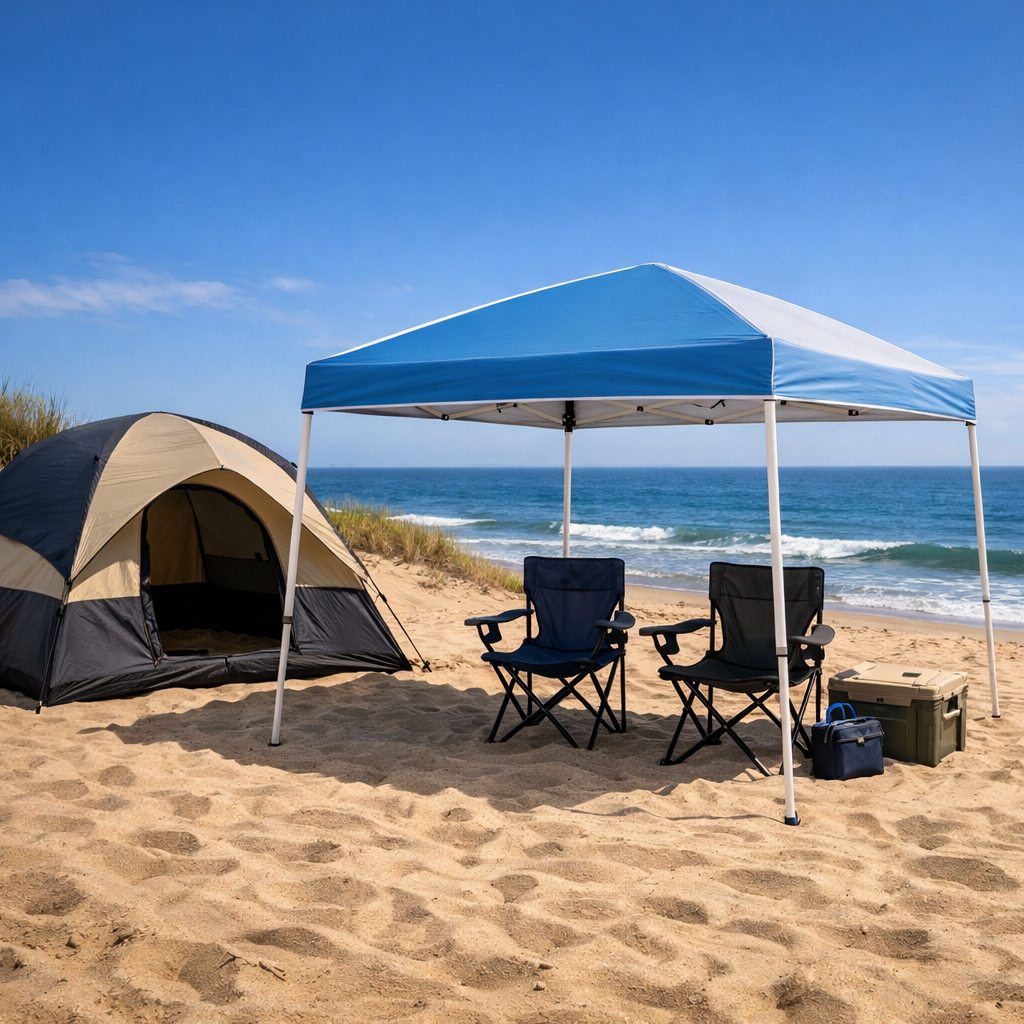 Beach camping shade canopy with UPF protection set up beside tent on sandy beach with camping chairs underneath
