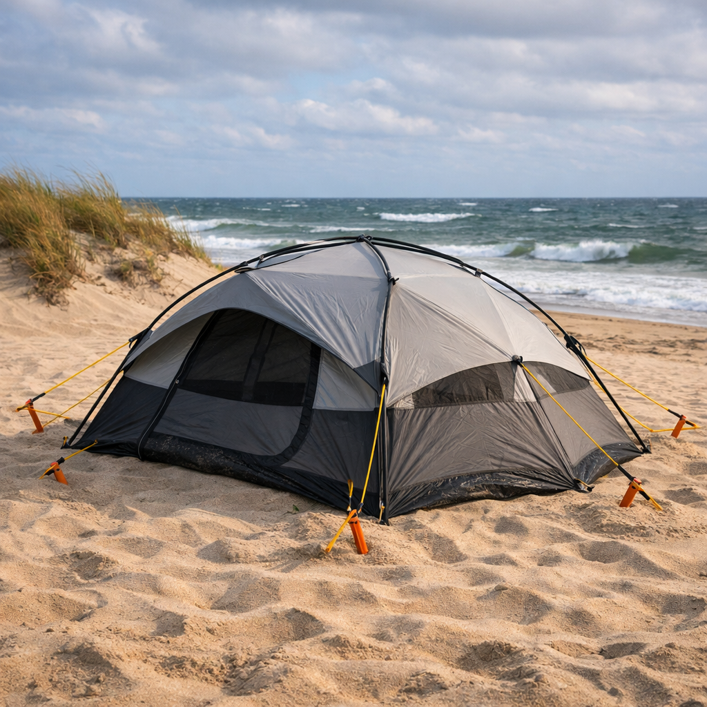 Wind-resistant beach tent with sand stakes and guy lines pitched on sandy beach on a windy day