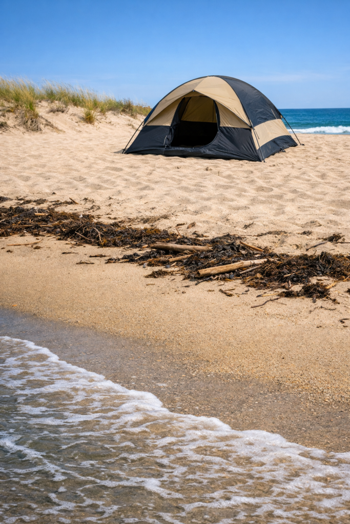 Beach camping tide safety — tent pitched clearly above high tide line with wave marks visible in sand below