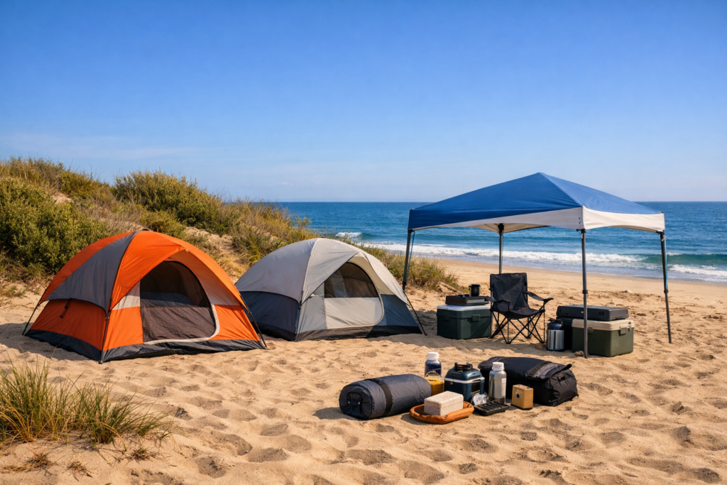Beach campsite with tents near shoreline showing flat ground, shade structures, and clear distance from water