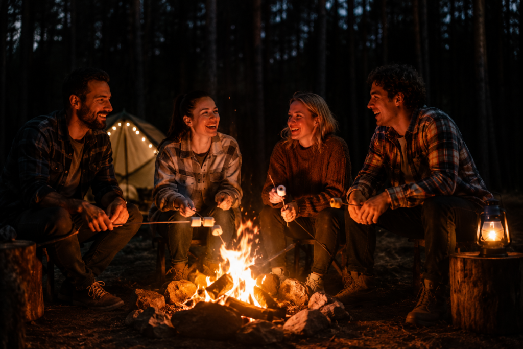 outdoor camping activities campfire evening group storytelling marshmallow roasting s'mores friends family night