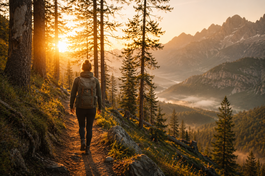 outdoor camping activities sunrise hiking trail golden hour light through trees camper on path early morning