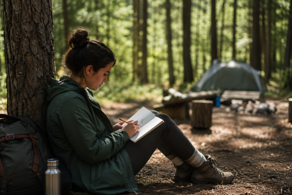 outdoor camping activities nature journaling sketching notebook pencil forest campsite creative solo activity