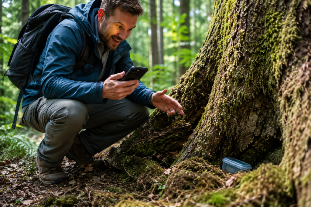 outdoor camping activities geocaching in forest with GPS device searching for hidden cache treasure hunt campsite