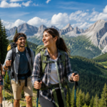 outdoor camping activities group of campers hiking trail with backpacks mountain landscape sunny day adventure