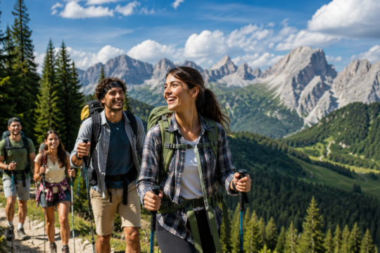 outdoor camping activities group of campers hiking trail with backpacks mountain landscape sunny day adventure