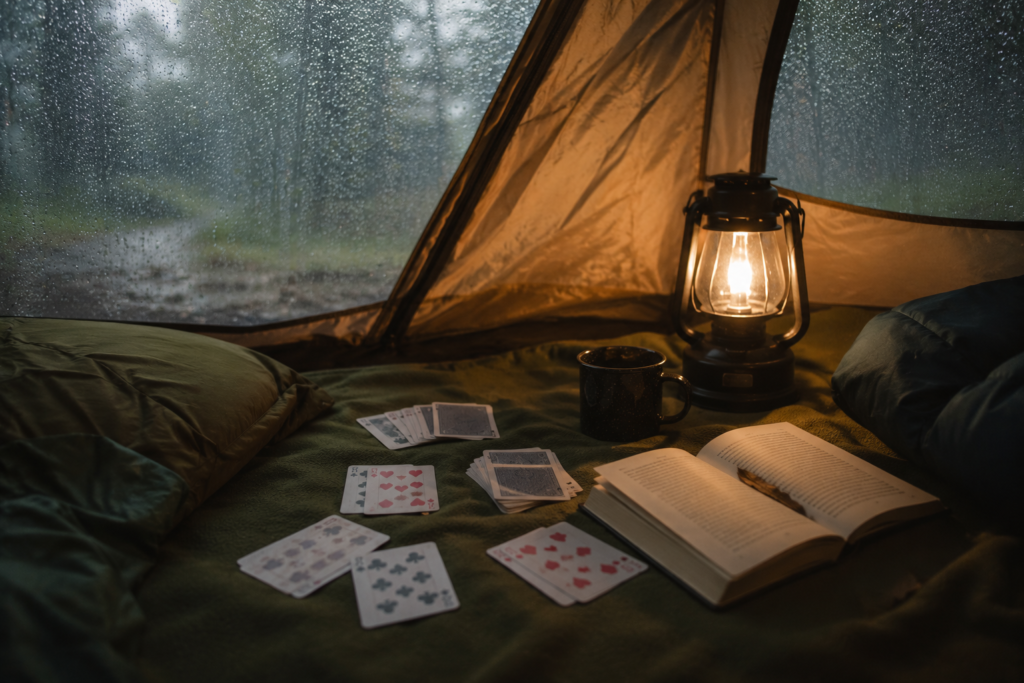 outdoor camping activities rainy day tent interior card games books journal cosy lantern light wet weather