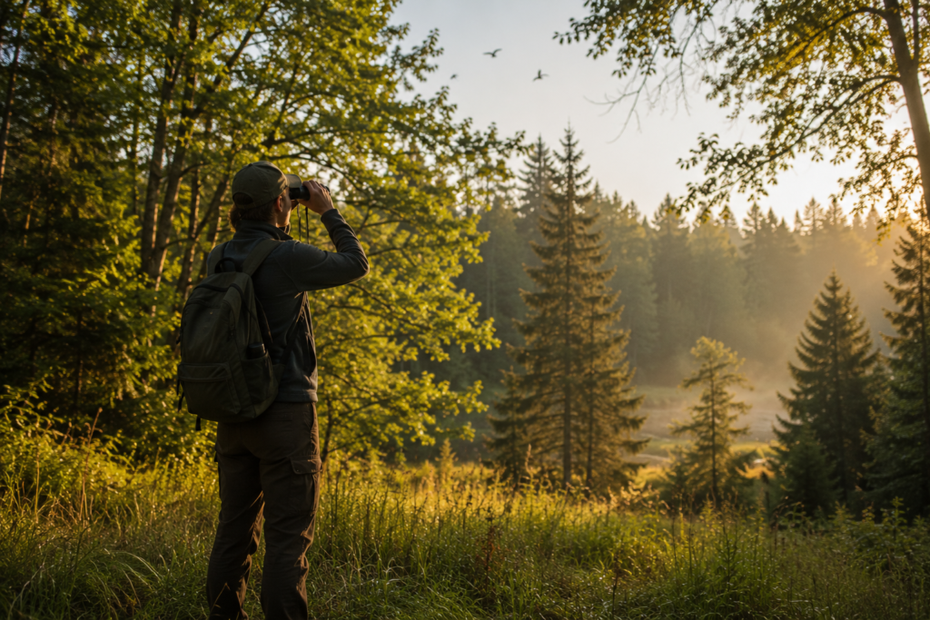 outdoor camping activities wildlife watching bird spotting with binoculars at campsite forest morning light