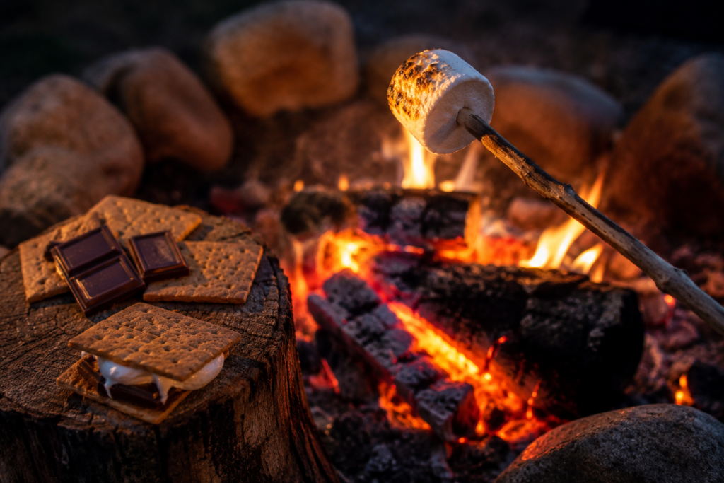 easy camp cooking beginners campfire dessert smores marshmallow melting on stick with chocolate and crackers