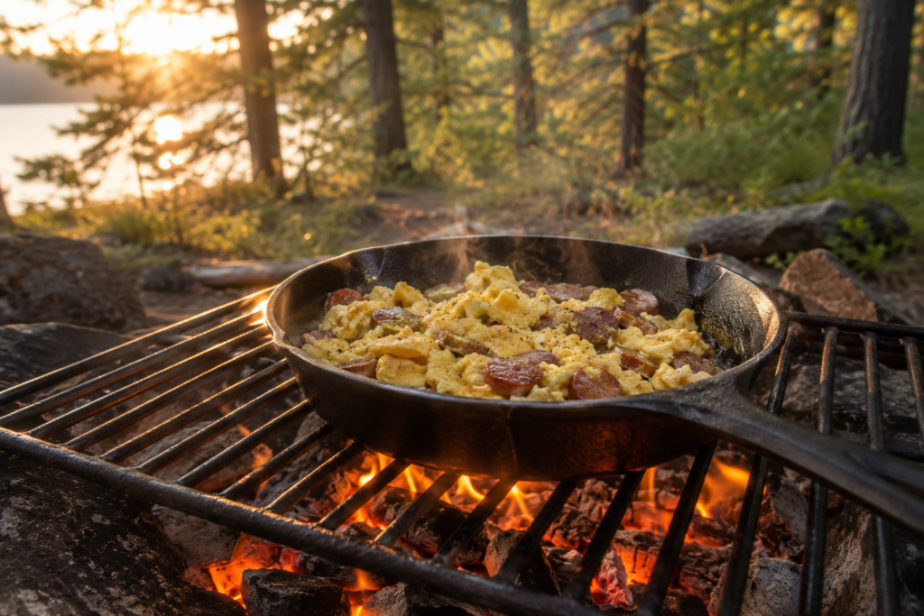 easy camp cooking for beginners campfire cooking cast iron skillet with scrambled eggs on campfire grill morning light