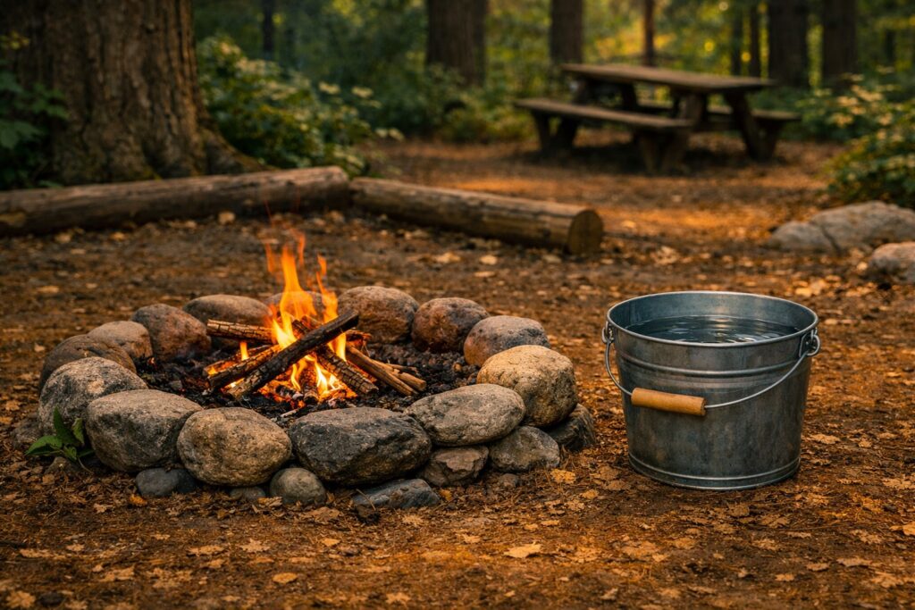 Responsible campfire management — small contained fire in a designated stone ring with a bucket of water placed nearby for safety
