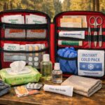 Complete camping first aid kit open on a camp table showing organised medical supplies including bandages, antiseptic, tweezers and medication
