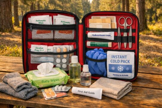 Complete camping first aid kit open on a camp table showing organised medical supplies including bandages, antiseptic, tweezers and medication