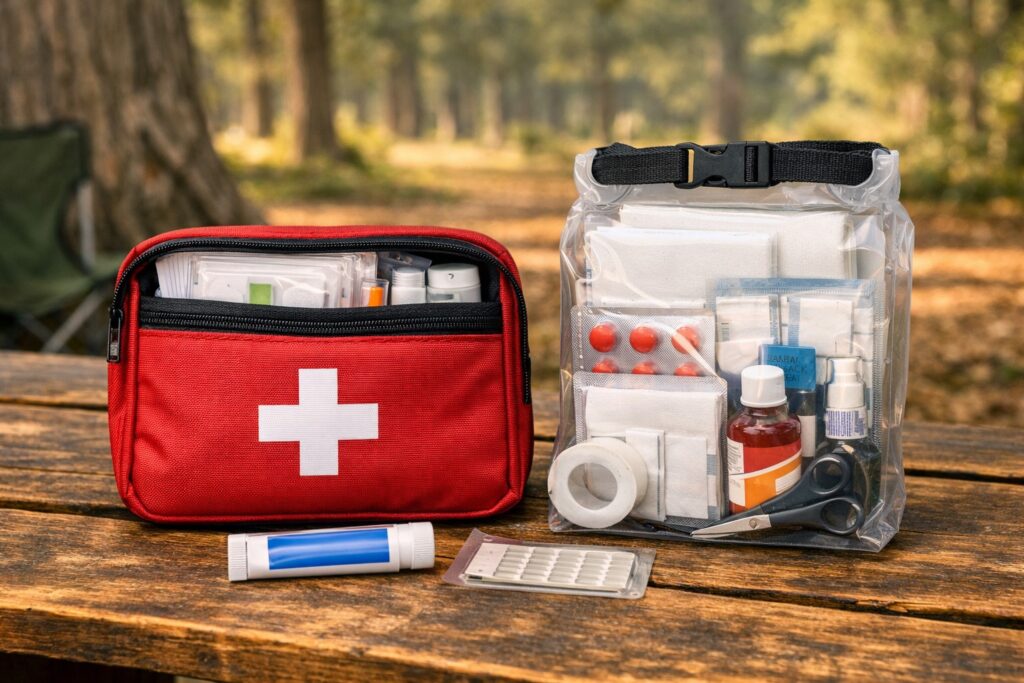Two camping first aid kit options side by side — a compact pre-made red first aid bag and a custom waterproof dry bag kit