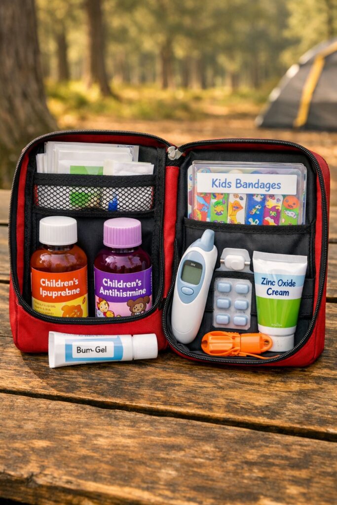Family camping first aid kit with children's items — liquid ibuprofen, children's antihistamine, fun plasters, thermometer and nappy cream