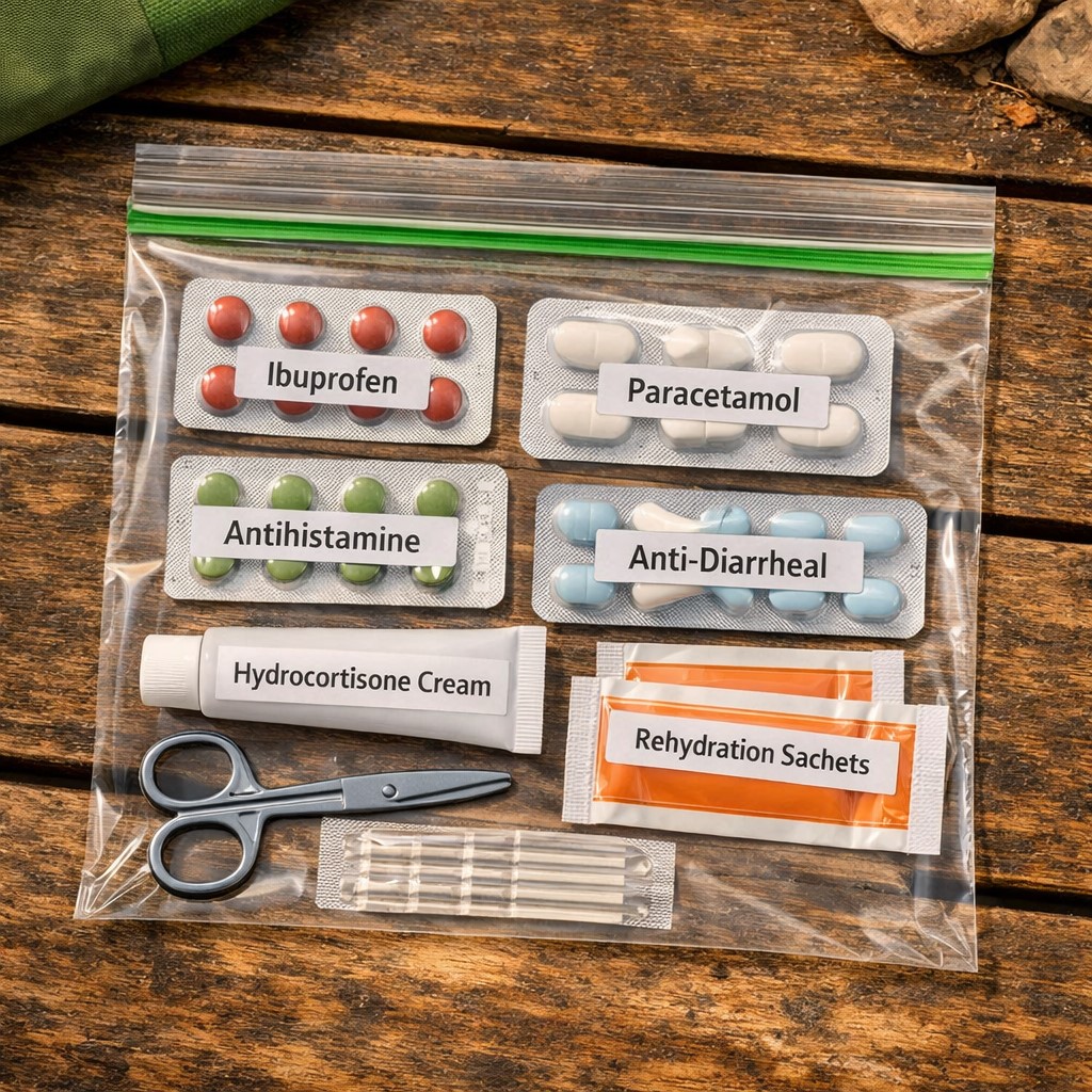 Camping first aid medications organized in a small zip lock bag — ibuprofen, antihistamine tablets, hydrocortisone cream, antidiarrheal and antibiotic ointment
