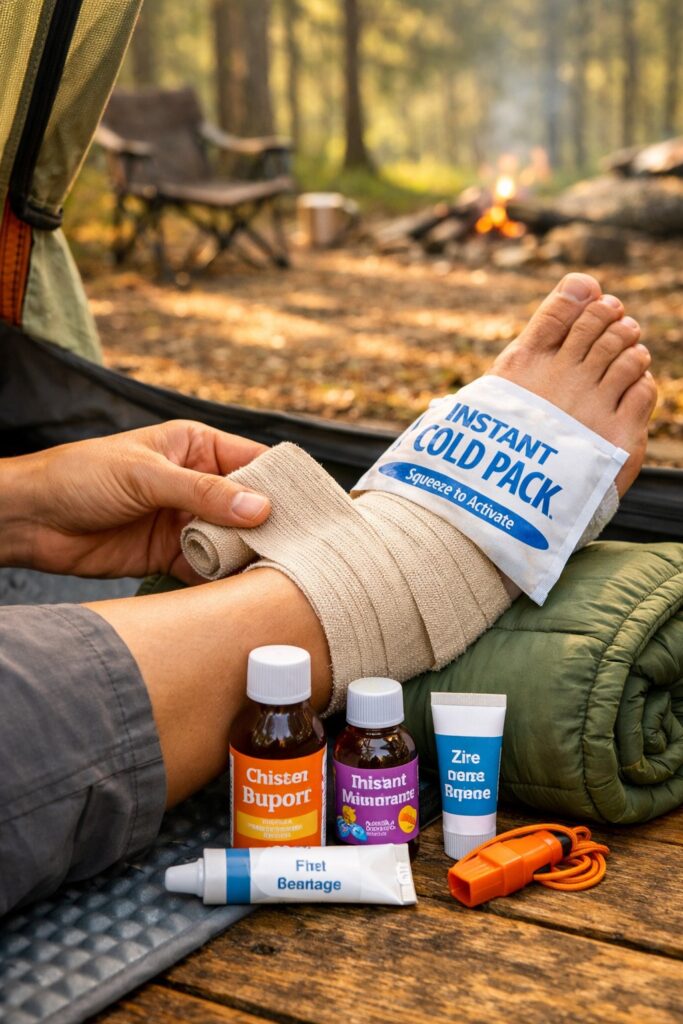 Camper demonstrating R.I.C.E method — resting injured ankle with ice pack, compression bandage and elevation on a sleeping pad