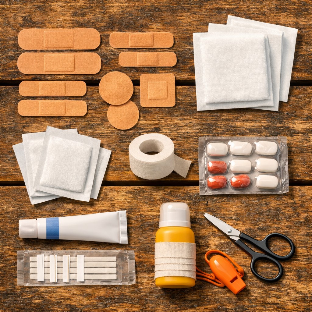 Camping wound care supplies laid out — assorted adhesive bandages, sterile gauze pads, medical tape, scissors, and antiseptic wipes