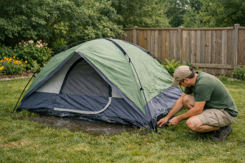 common camping mistakes avoid testing camping gear at home tent pitched in garden before camping trip preparation