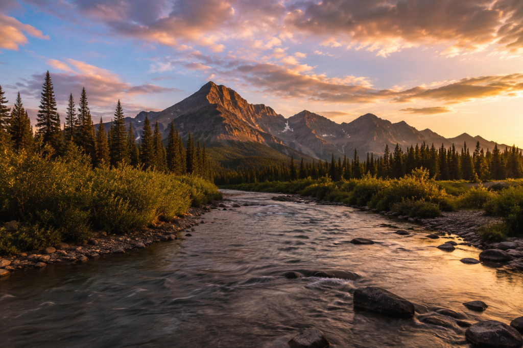 camping photography tips golden hour landscape shot mountain valley river warm amber light dramatic sky