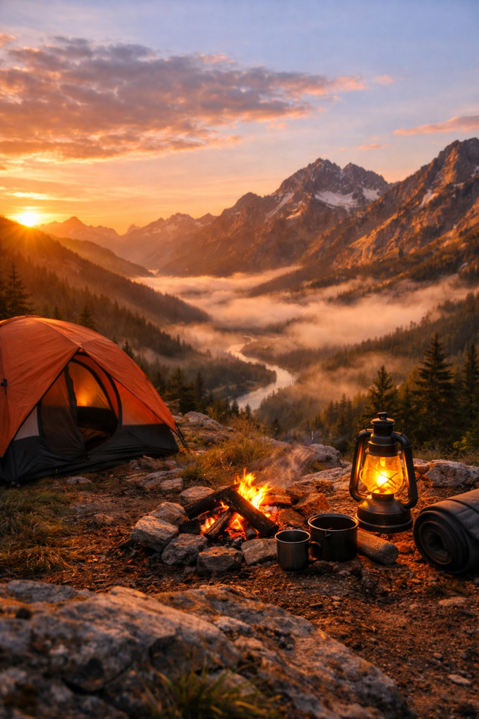 outdoor photography for campers dramatic sunrise over misty mountain valley with tent in foreground golden pink sky