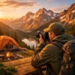 camping photography tips camper with DSLR camera photographing mountain landscape at golden hour