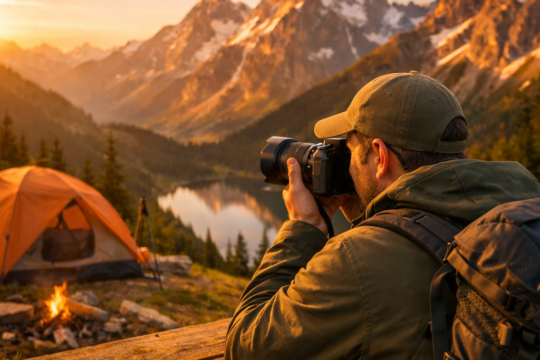 camping photography tips camper with DSLR camera photographing mountain landscape at golden hour
