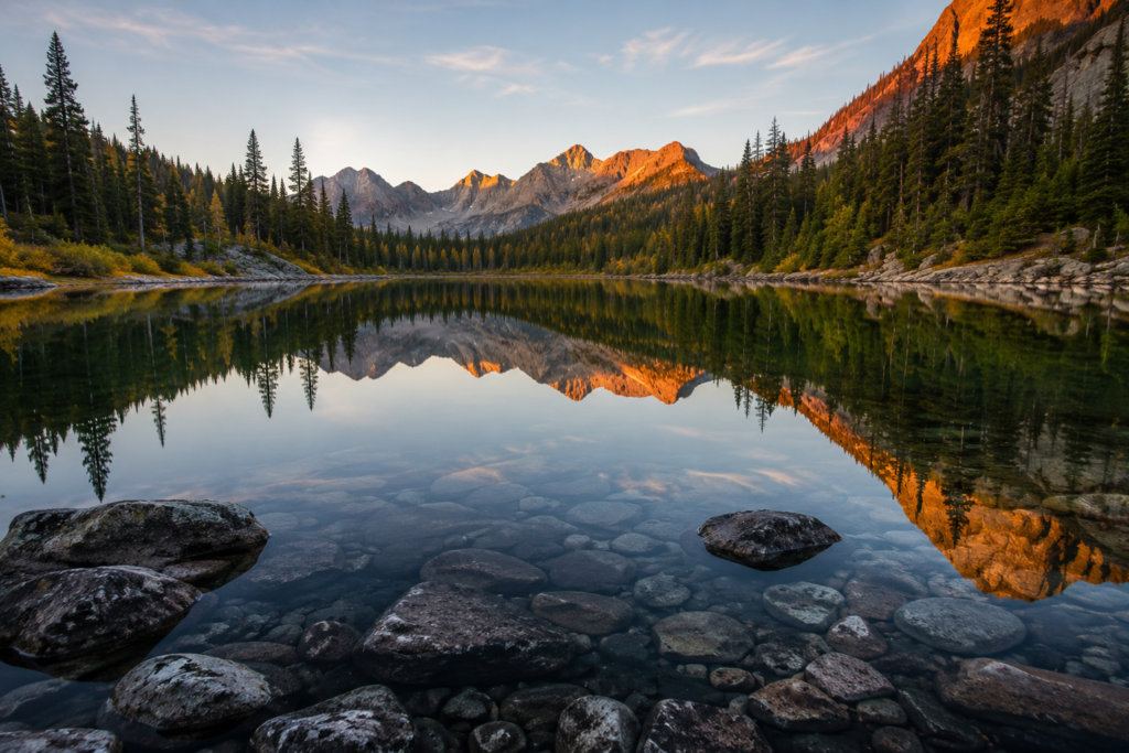camping photography tips still mountain lake at dawn perfect mirror reflection of pine forest and peaks low angle shot