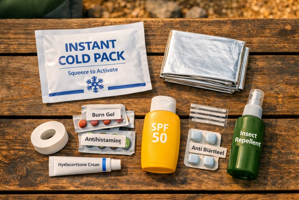 Camping skin treatment supplies — instant cold pack, emergency heat blanket, burn gel, sunscreen and insect repellent on camp table