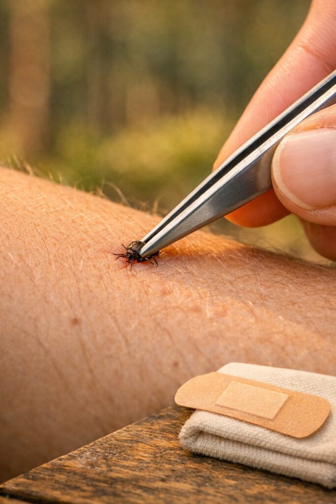 Correct tick removal technique using fine-tipped tweezers gripping tick close to skin surface on a camping trip