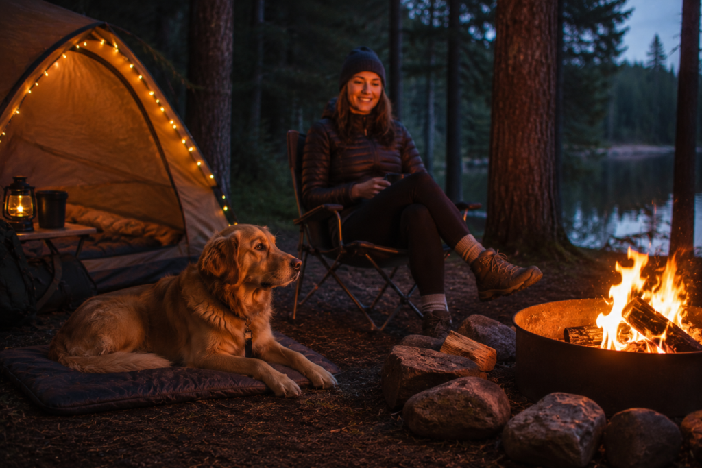 camping with dogs campfire safety dog lying at safe distance from campfire owner watching evening outdoor camping