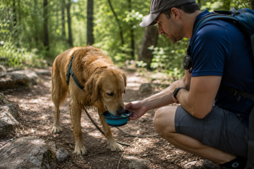 camping with dogs dog drinking water from portable bowl resting in shade during trail break hydration heat camping