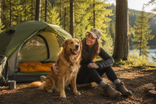 camping with dogs happy dog sitting outside tent at campsite in forest owner smiling beside dog outdoor adventure