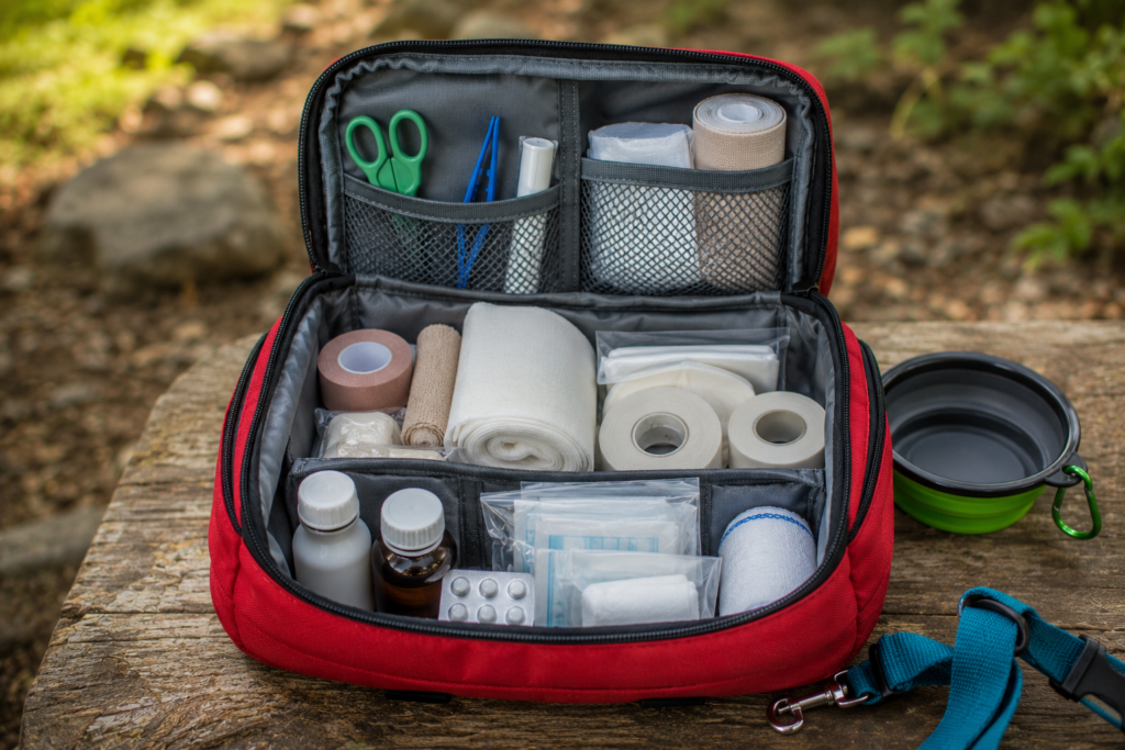 camping with dogs pet first aid kit open showing contents bandages antiseptic wound care outdoor emergency kit dog