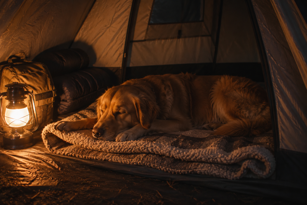 camping with dogs dog sleeping contentedly on camping blanket bed inside tent at night cosy comfortable