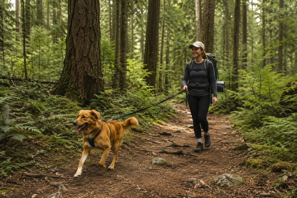 camping with dogs dog hiking on trail with owner on leash in forest scenic path outdoor adventure