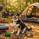 Camping with dogs — happy dog sitting beside a tent at a sunny forest campsite with camping gear and owner nearby