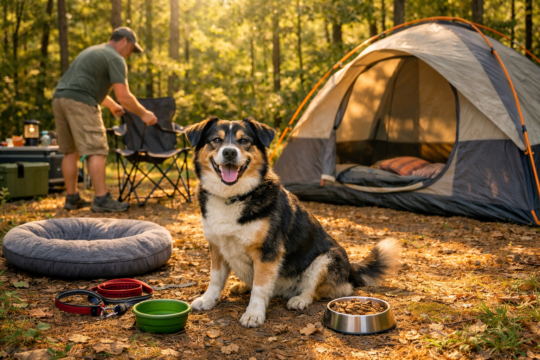 Camping with dogs — happy dog sitting beside a tent at a sunny forest campsite with camping gear and owner nearby