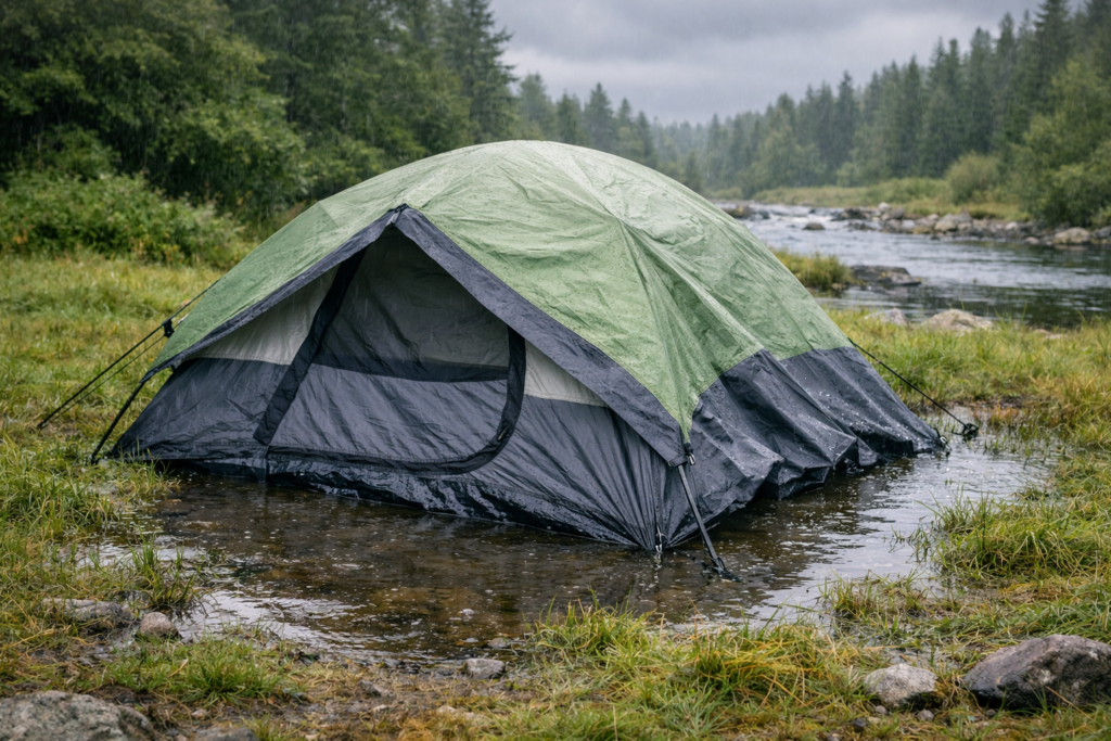 common camping mistakes to avoid tent pitched in low-lying area near water with puddles forming around it rain mistake