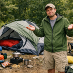 common camping mistakes to avoid beginner camper looking frustrated at disorganised campsite with scattered gear and collapsed tent