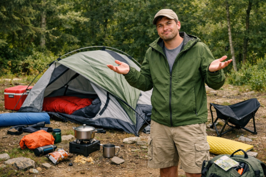 common camping mistakes to avoid beginner camper looking frustrated at disorganised campsite with scattered gear and collapsed tent