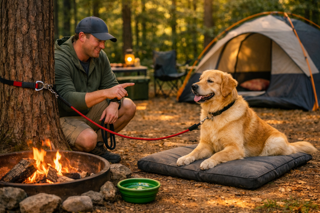 Dog sitting at a safe distance from a campfire at a campsite — owner guiding dog away from fire ring with leash
