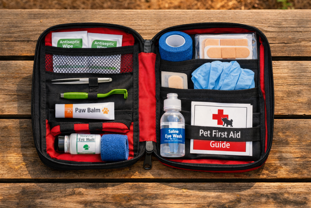 Dog camping first aid kit open on a camp table — showing tweezers, antiseptic wipes, bandages, paw balm, tick remover and co-flex wrap