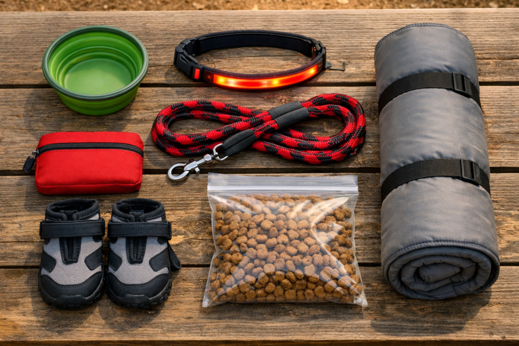 Dog camping gear checklist laid out — collapsible bowls, leash, LED collar, paw protectors, dog first aid kit, food bag and dog bed on a camp table