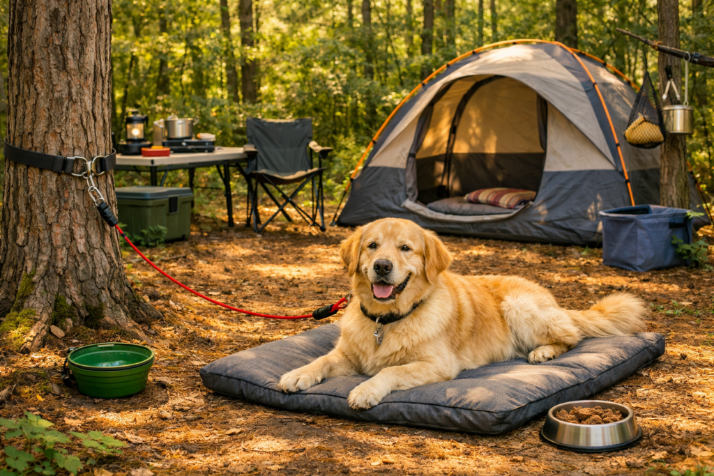 Dog-friendly campsite setup — tent pitched in a quieter spot with a tie-out system and water bowl visible, dog resting in shade nearby